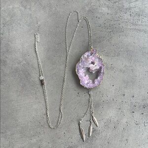 Elegant Silver and Purple Druzy Geode Long Necklace